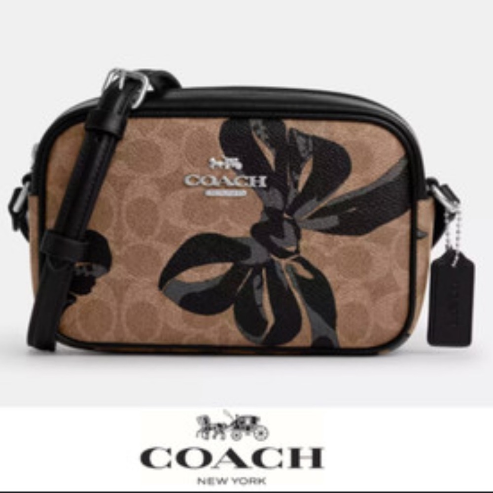 Coach Mini Jamie Camera Bag In Signature Canvas With Bow Print CY778 Black Tan - Picture 9 of 9